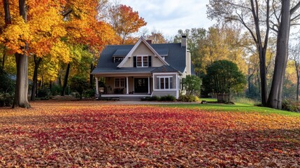 Naklejka premium A house surrounded by autumn foliage, with colorful leaves covering the yard.