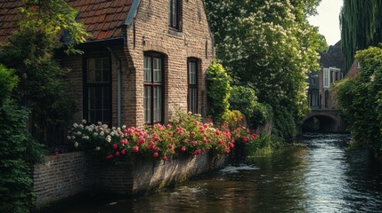 A house with a small garden by the canal, flowers blooming along the water edge.