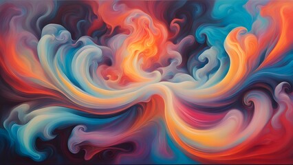 Obraz premium Abstract painting with swirling vibrant colors in blue, orange, red and yellow.