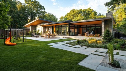 Obraz premium A house with a sprawling backyard, featuring a patio, garden, and children play area.