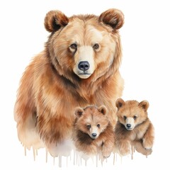 Fototapeta premium Charming Watercolor Illustration of a Mother Bear with Her Two Cubs, Perfect for Nature and Wildlife Art Lovers