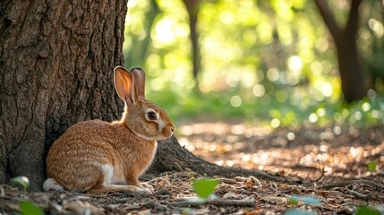 Fototapeta premium A serene rabbit resting beside a tree in a sunlit forest setting.