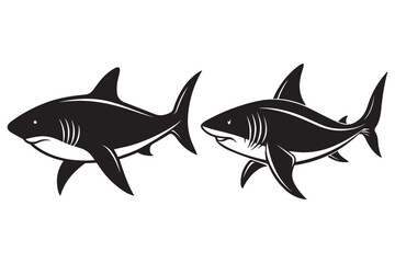 Fototapeta premium Shark cartoon bundle in black and white silhouette clipart style