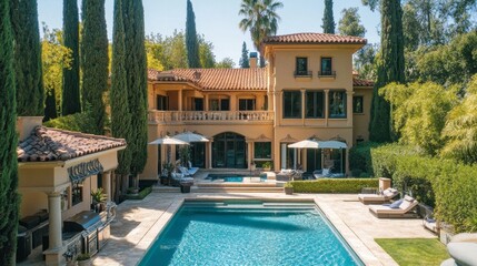 A large, luxurious house with a swimming pool in the backyard and tall palm trees.