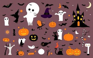 Fototapeta premium Cute Halloween illustrations with black, orange and white colors for spooky fun and festive celebrations. 