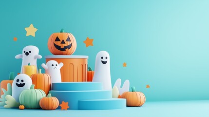 Colorful Halloween decorations featuring pumpkins and friendly ghosts on a bright blue background in a festive background.