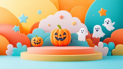 Obraz premium Colorful Halloween decoration with pumpkins and friendly ghosts in a festive backdrop of vibrant clouds and stars.