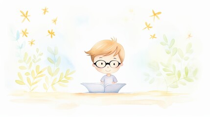 A cute illustration of a boy playing with a paper boat, surrounded by whimsical plants and gentle colors, evoking a sense of wonder.