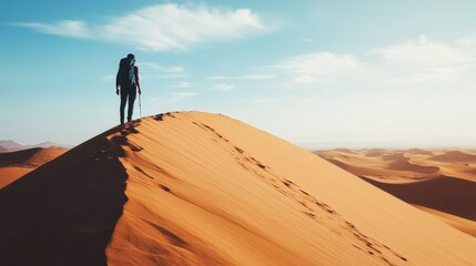 Obraz premium A lone hiker standing on top of a sand dune, surveying the vast desert landscape below.