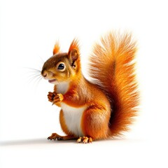 Obraz premium A cute orange squirrel with fluffy tail, standing alert and holding a nut, perfect for wildlife and nature themes.