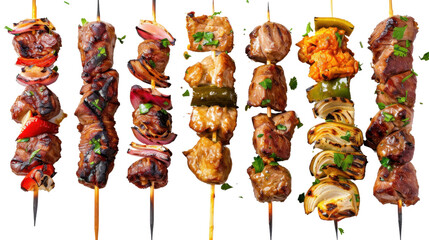 Delicious grilled kebabs on skewers on transparent background