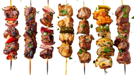 Delicious grilled kebabs on skewers on transparent background