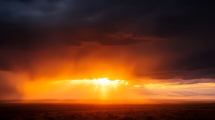 Fototapeta premium A stunning sunset illuminating the sky with vibrant orange hues through dark storm clouds, creating a dramatic landscape.