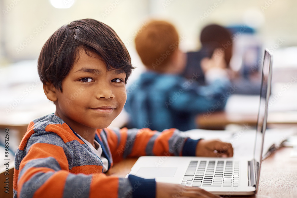 Poster laptop, kids and portrait of boy in classroom for study project with growth, child development and e