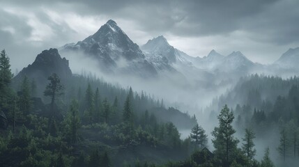 Fototapeta premium A mountain landscape shrouded in rain and mist, with distant peaks barely visible.