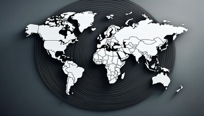 Minimalistic 3D world map on a soft black and white gradient background