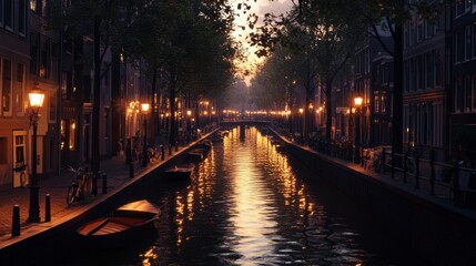 Fototapeta premium A narrow canal at twilight, with street lamps reflecting golden light onto the water.