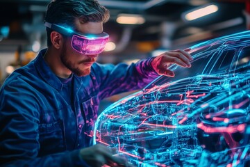 Man utilizing augmented reality glasses to design electric car structure in virtual space