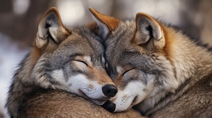 Fototapeta premium A pair of wolves nuzzling each other, showcasing their strong social bonds and affection.