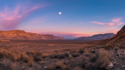 Fototapeta premium A panoramic view of a desert at twilight, with the sky transitioning from day to night.