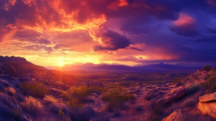 Fototapeta premium A panoramic view of the desert at sunset, with the sky painted in deep oranges and purples.
