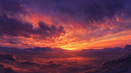 A panoramic view of the desert at sunset, with the sky painted in deep oranges and purples.