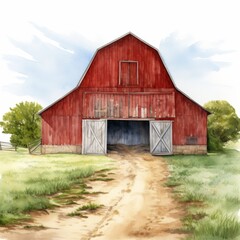 Fototapeta premium Charming Watercolor Red Barn Illustration Surrounded by Lush Greenery on a Bright Day
