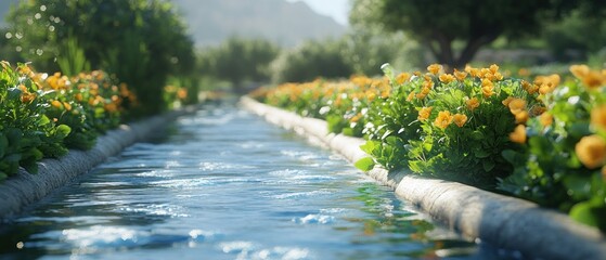Fototapeta premium Serene Waterway Flowing Through a Garden of Yellow Flowers
