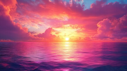 Obraz premium A vibrant sunset over the ocean, with the sky filled with shades of pink, orange, and purple.