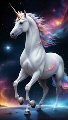 Obraz na płótnie Canvas Celestial Unicorn with Sparkling Stardust Mane Gliding Through Deep Space – Cosmic Colors, Starlight Infused Coat, and Dramatic Lighting Create a Dazzling Display of Magic and Beauty