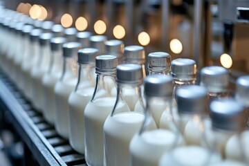 Obraz premium Glass Milk Bottles on a Conveyor Belt in a Dairy Factory