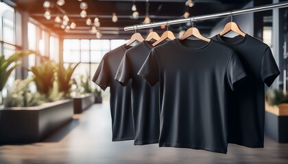 Fototapeta premium Black t-shirts on hangers in a store with space for branding and logos, on blurred indoor background, concept of mockup. Generative AI