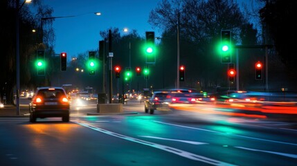 A row of traffic lights lining a street, all showing green as cars speed by.