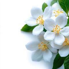 Fototapeta premium A fresh arrangement of delicate white flowers with vibrant yellow centers, surrounded by lush green leaves on a clean background.