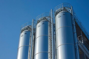 Three Industrial Silos with Metal Ladders and Catwalks Against a Blue Sky