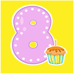 eight and a candle with a cupcake on a yellow background