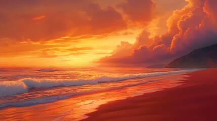 Fototapeta premium A sandy beach at sunset, with the sky ablaze in orange and pink hues, and waves gently lapping the shore.