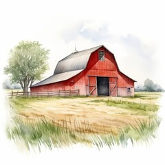 Obraz premium Picturesque Red Barn Illustration in Rural Countryside, Perfect for Farm and Agriculture Themes