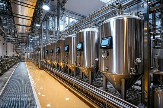 Industrial Brewery with Stainless Steel Tanks and Liquid Flowing