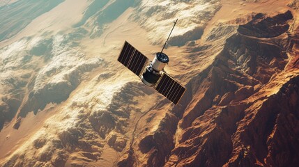 A satellite hovering over a desert landscape, monitoring surface temperatures. © phattharabodin