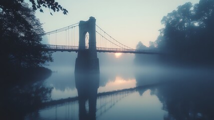 Obraz premium Misty morning scene featuring a bridge reflected in calm waters, surrounded by lush trees and an ethereal atmosphere.