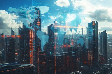 Futuristic city skyline with digital world map overlay showcasing modern technology and urban growth