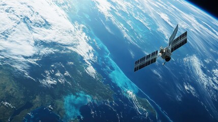 Naklejka premium A satellite monitoring ocean currents, with Earth vast blue waters stretching below.