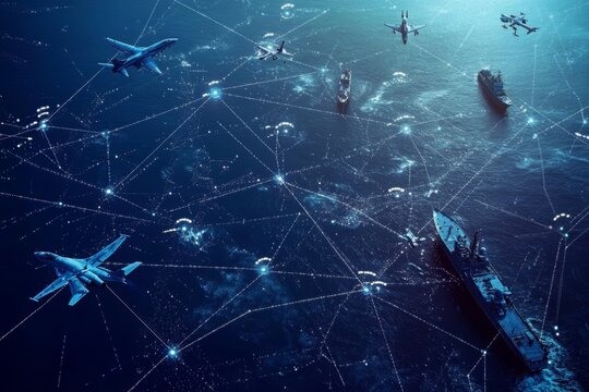 Showcasing contemporary military equipment  fighter jets, naval ships, satellites, and data links