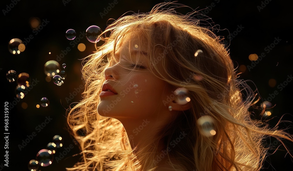 Poster Golden Hour Portrait with Bubbles