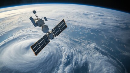 A satellite orbiting over a stormy region of Earth, monitoring weather patterns from space.