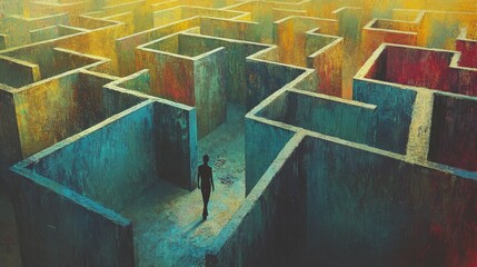 A painting of a maze representing abstract and melancholic emotions. Maze with a solitary figure walking in concept of emotions of sadness and joy.