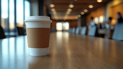coffee cups arranged on a conference room table, reflecting a professional meeting environment with focus on teamwork, discussion, and productivity