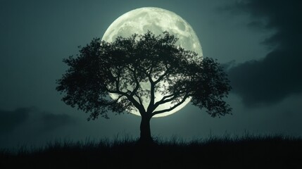 A silhouette of a tree against the backdrop of a full Moon, creating a haunting and mysterious atmosphere.