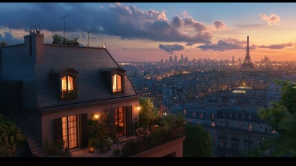 Obraz premium A small house with a rooftop terrace, overlooking a bustling urban area at dusk.